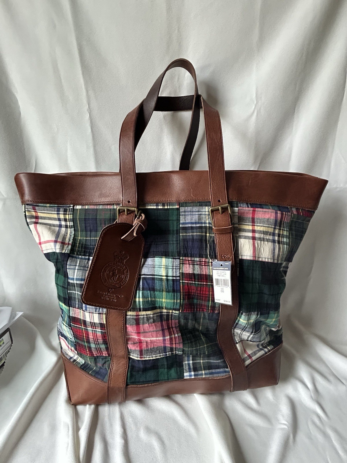 Ralph Lauren Plaid Fabric And Brown Leather Tote Bag New With Tag