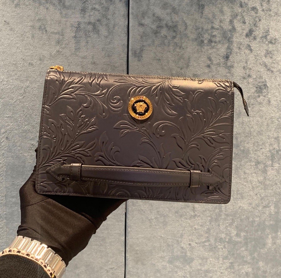 Versace Pouch Embrossing Calf Leather Navy Blue $900 Retail