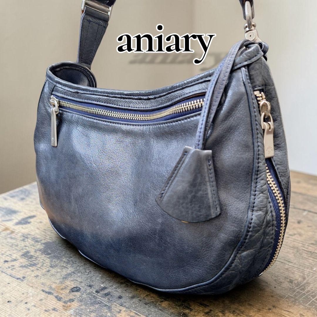 aniary Half Moon One Shoulder Leather Bag Navy Men’s All Leather 30cm Auth