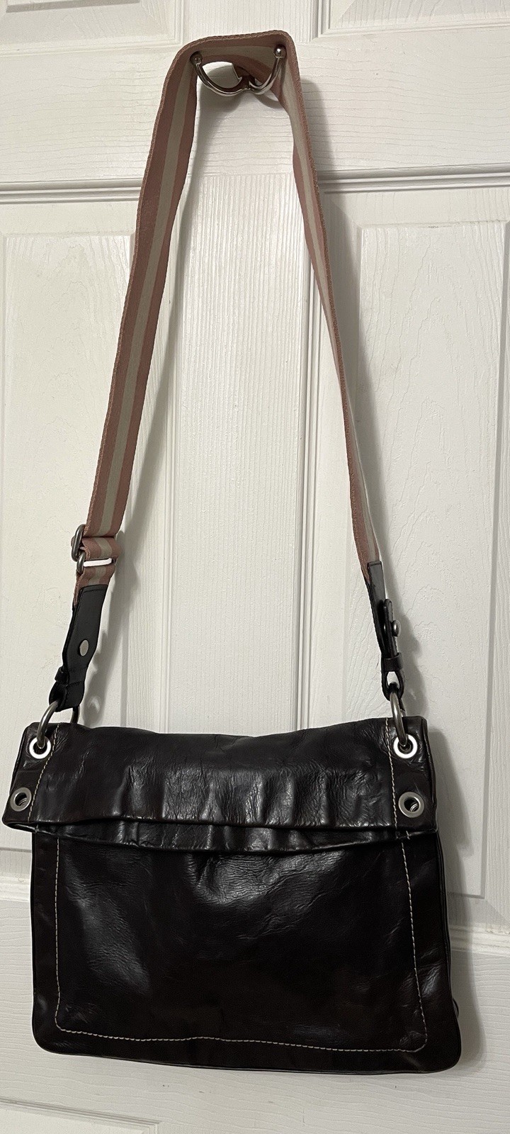 Bally Brown Leather Bag w/Rare Pink & Ivory Canvas Strap 10″ x 13″ Vintage