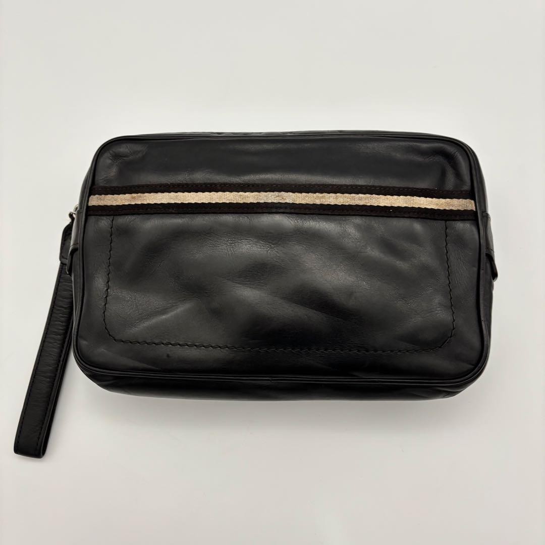 Authentic BALLY Black Leather Clutch Bag 16cm x 26cm x 4.5cm Second Hand