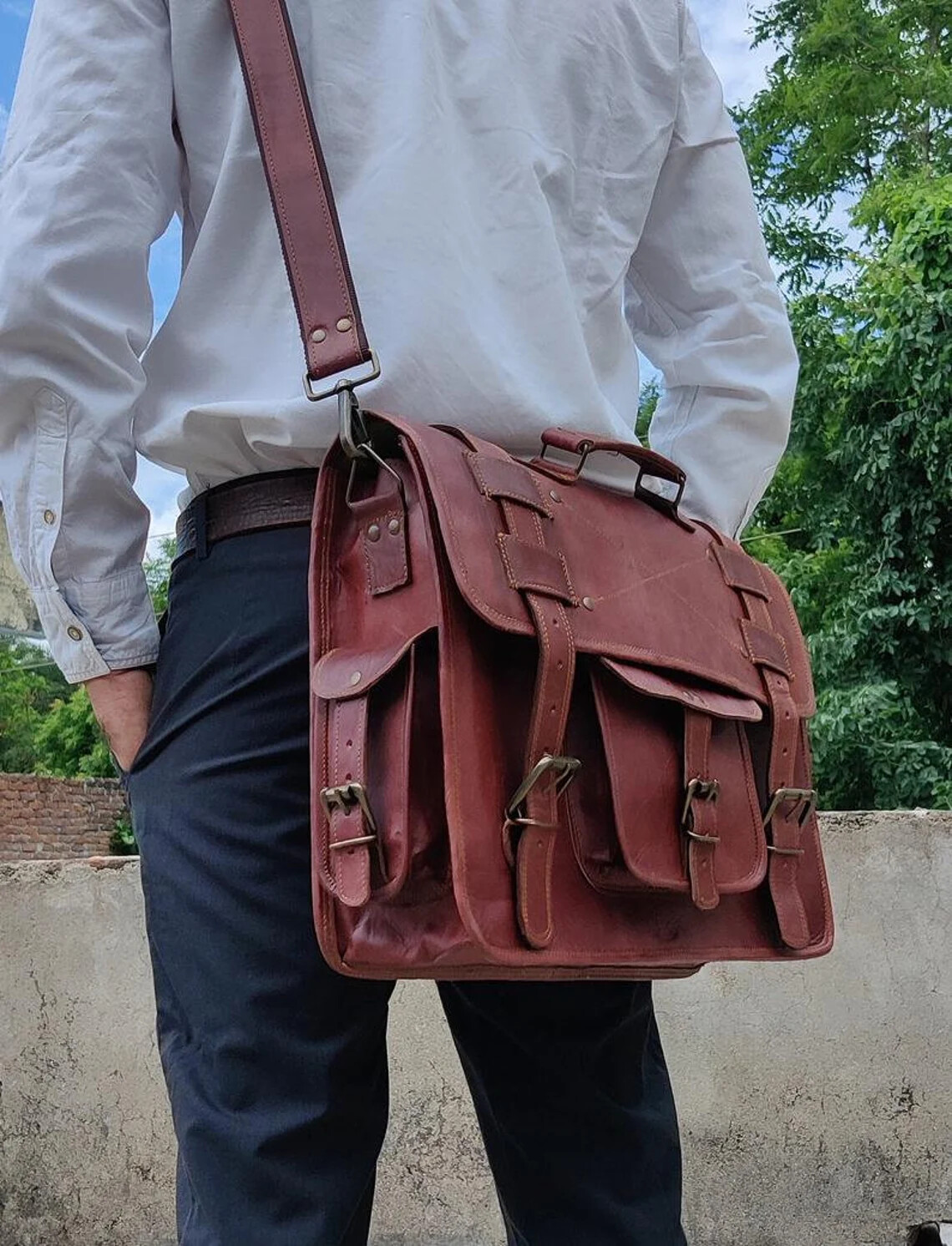 Retro Vintage Leather Laptop Messenger Convertible Backpack Sling Bag Briefcase