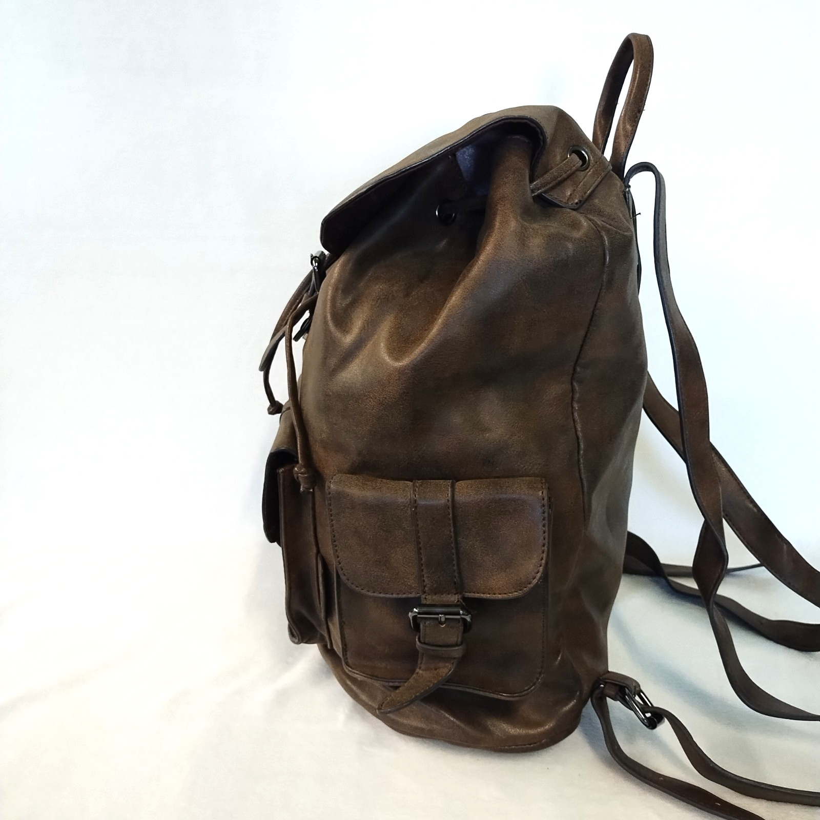 ALDO Brown Faux Leather Bucket Drawstring Backpack Buckle Top Sides GUC