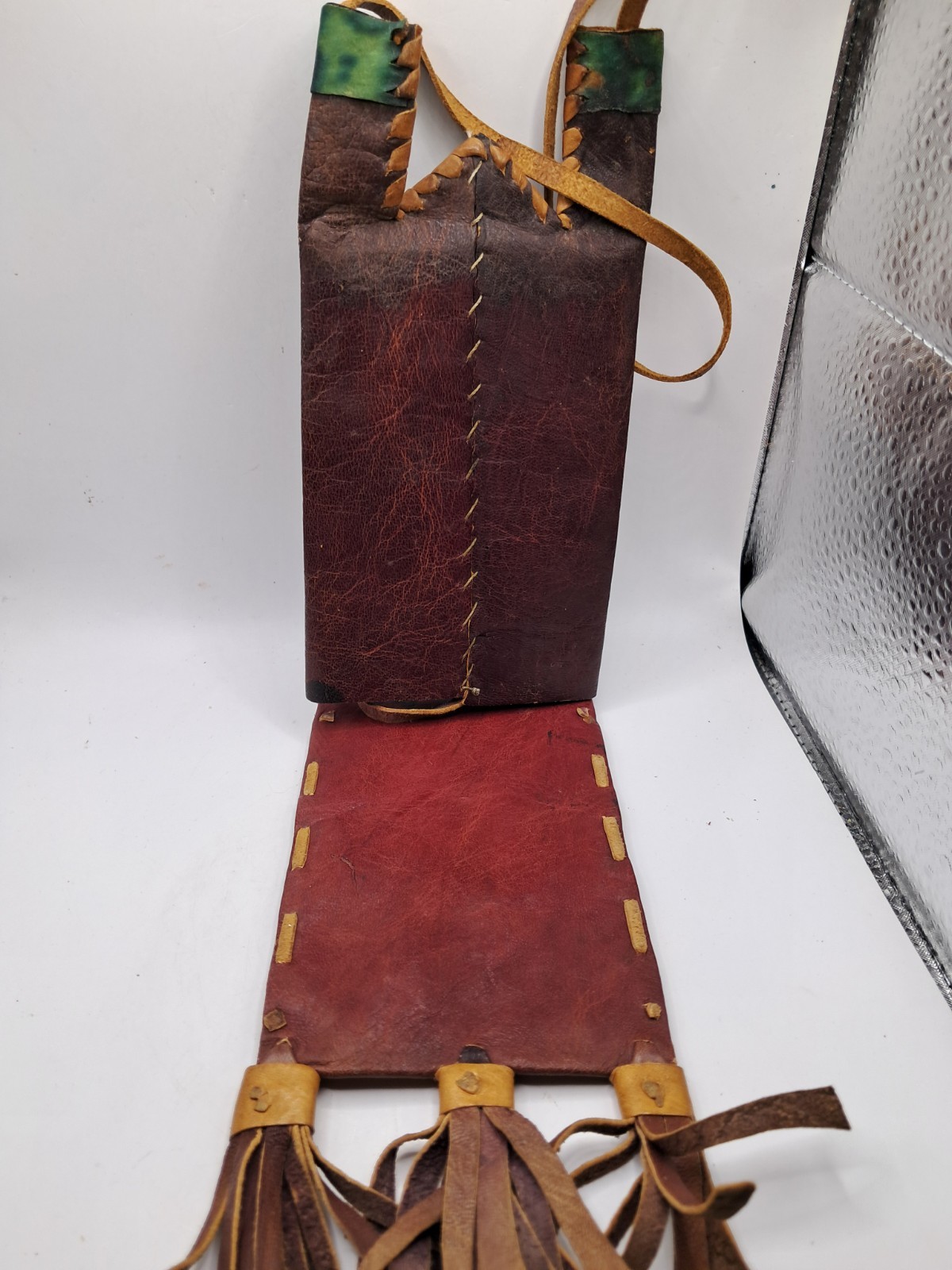 Primitive Hand Made Art Design Leather Medicine Pouch Bag Strap 2 Pockets 9″