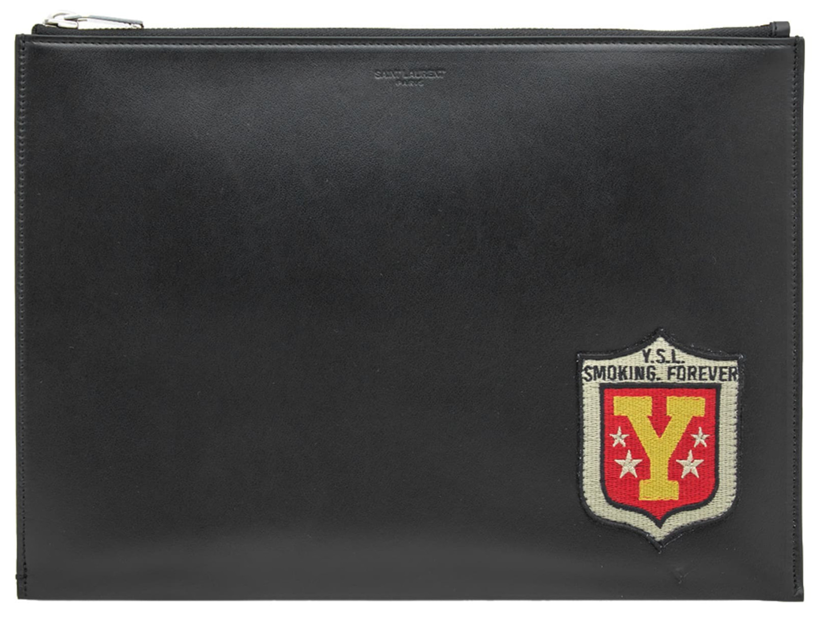 New Saint Laurent YSL Smoking Forever Logo Patch Black Leather Zip Pouch Bag