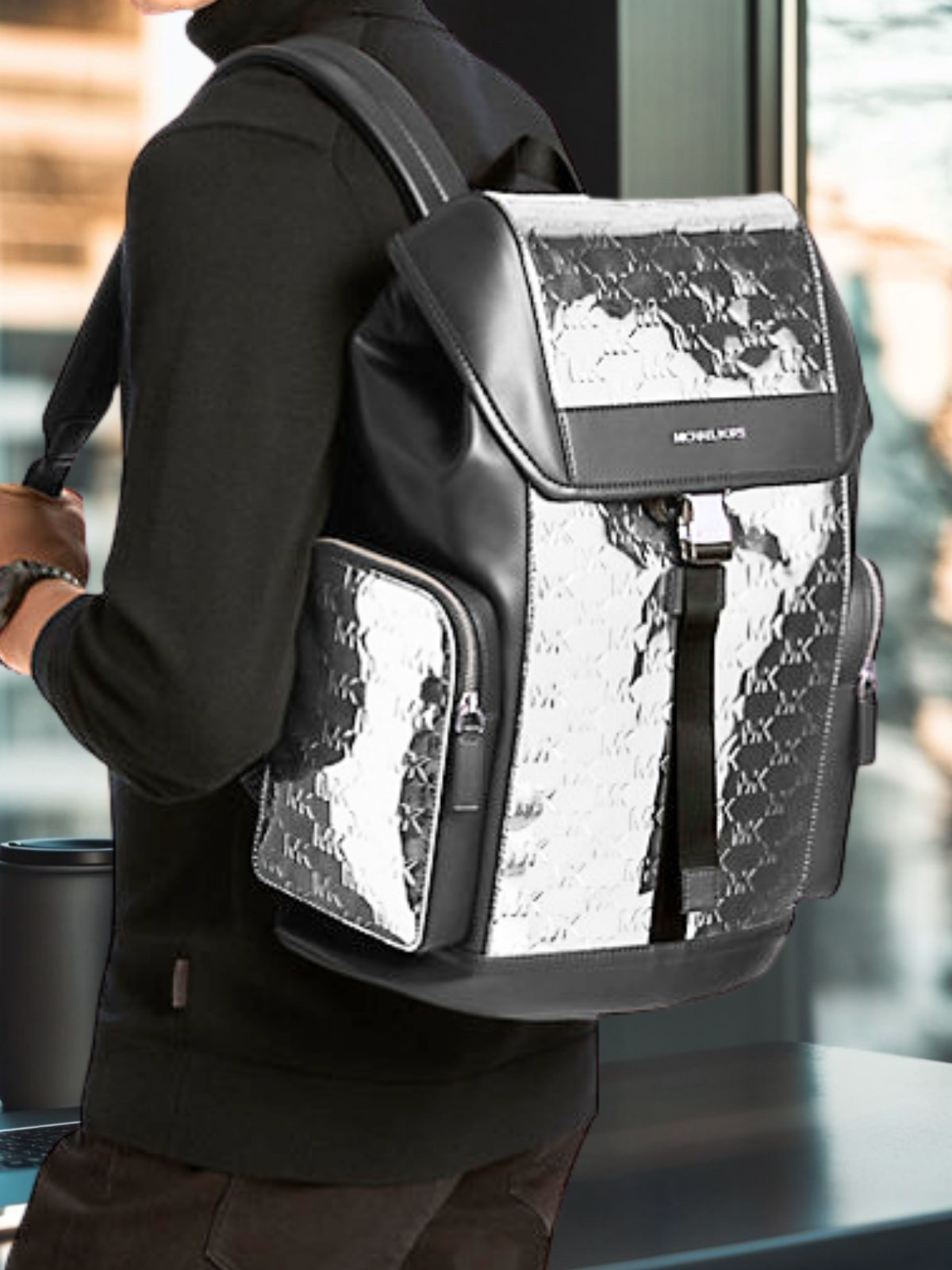 Michael Kors Cooper Medium Silver Metallic Logo Debossed Travel Men Backpack Bag