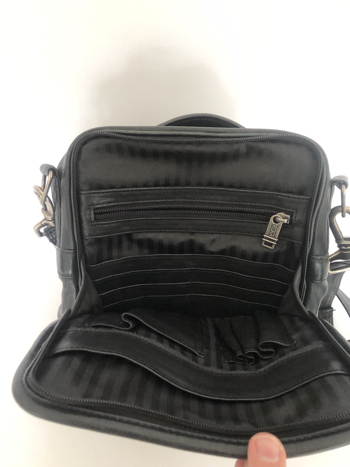 TUMI Alpha Medium Crossbody Black Leather Vertical Multi Pockets Messenger Bag