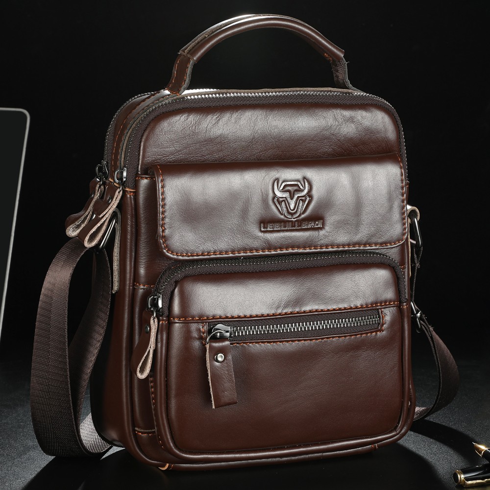 LEBULLBRO Mens Genuine Leather Sling Shoulder Bags Crossbody Business Office Bag