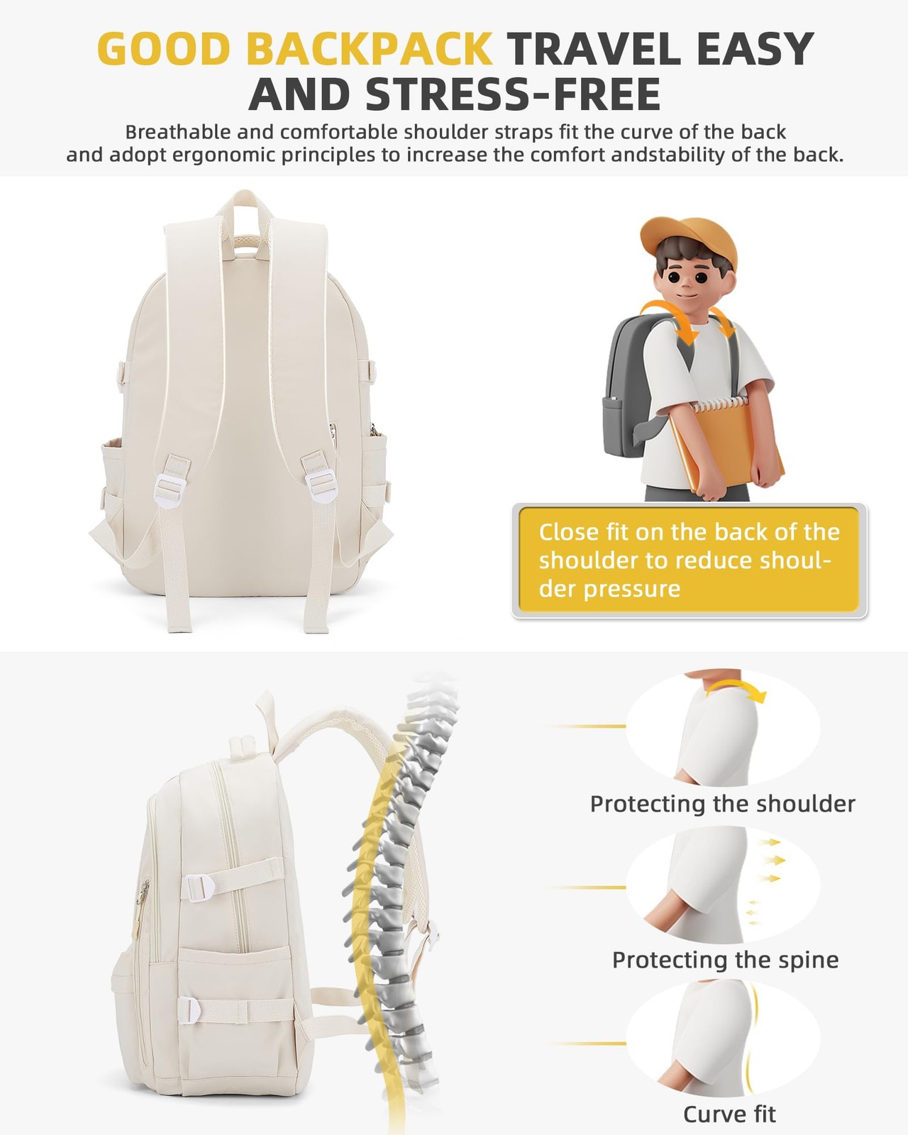 Beige Lightweight Backpack, Large Laptop, Travel, Casual Daypack, College Bag