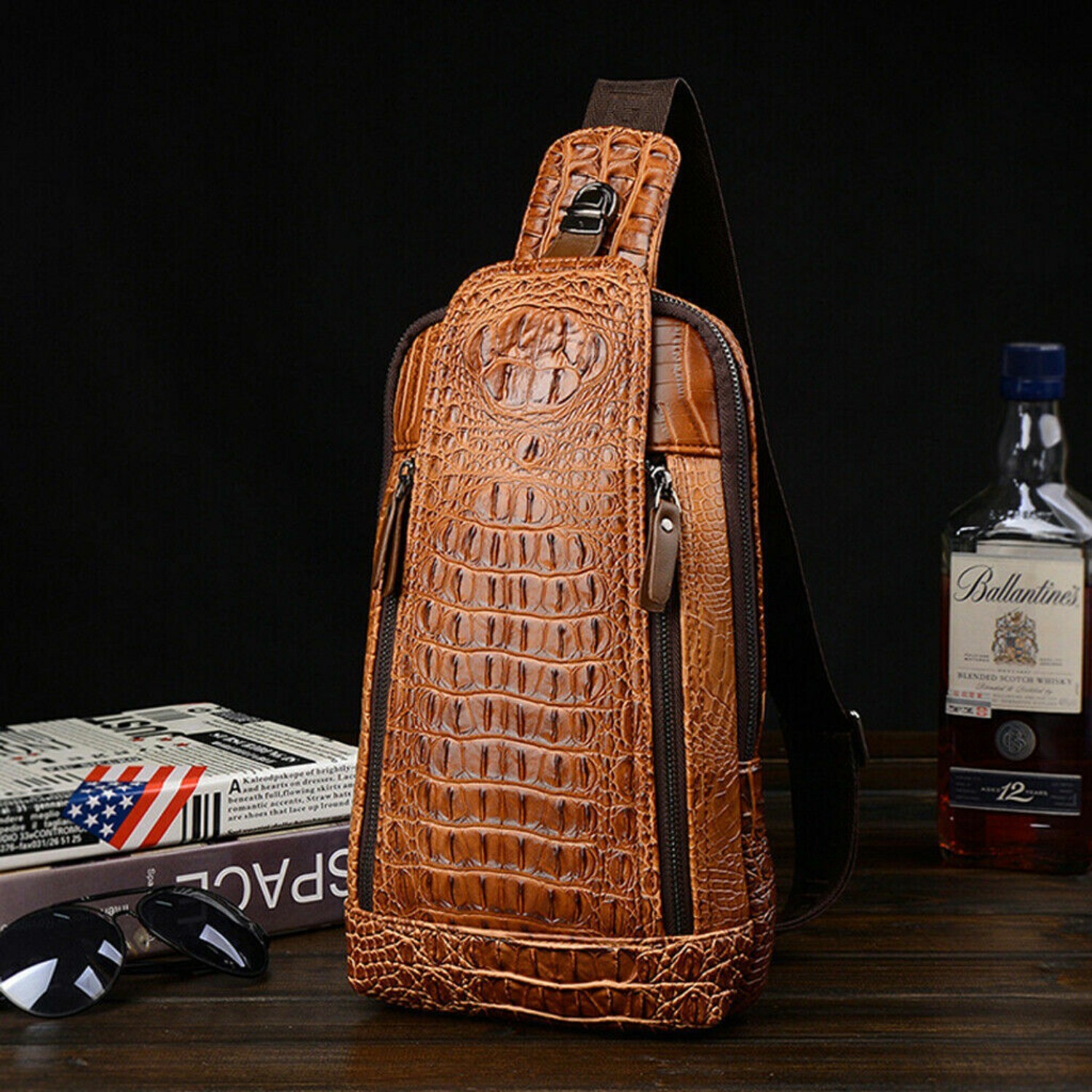 Mens Luxury Crocodile Pattern Chest Sling Backpack Leather Crossbody Travel Bag