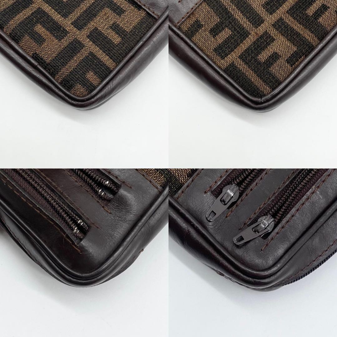 FENDI Zucca Print Logo All-over Monogram Pouch Purse Canvas Leather Dark Brown