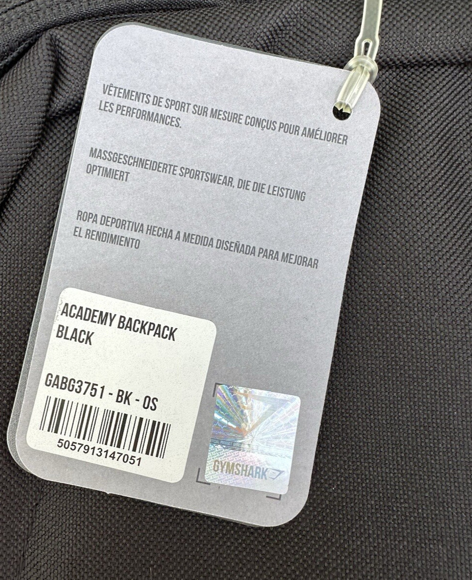 Gymshark Academy Backpack Black Pockets Zip Close Logo GABG3751-BK-OS NEW Rare