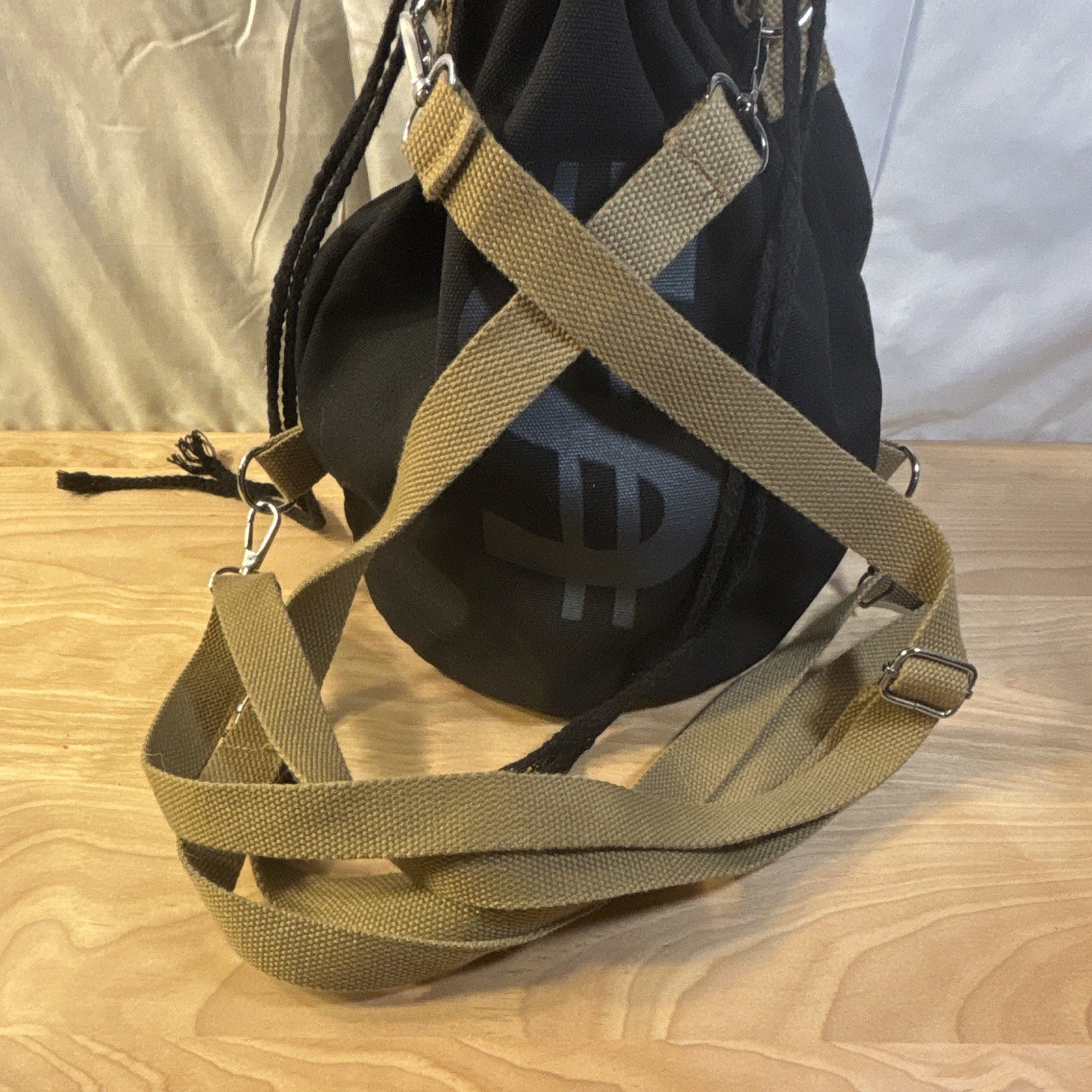 Men’s Black Drawstring Quality Canvas Bag Small Adjustable Strap Dollar Sign