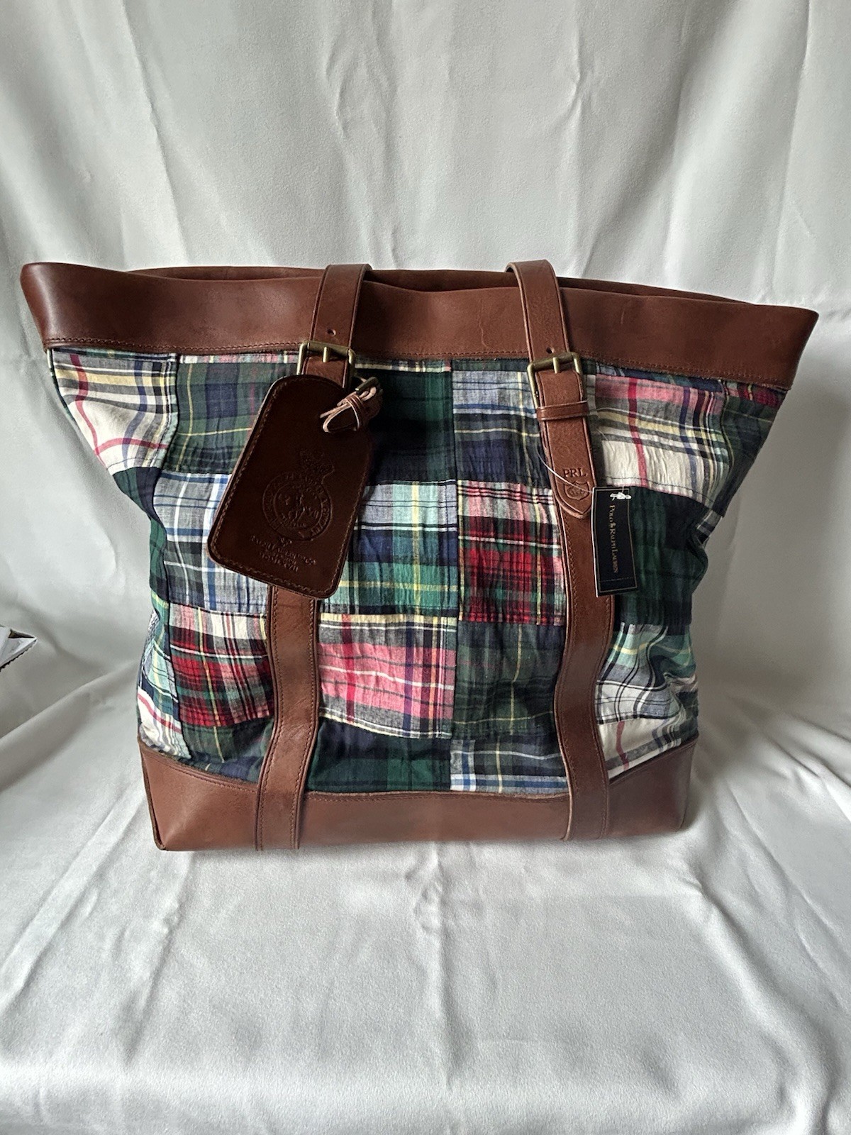 Ralph Lauren Plaid Fabric And Brown Leather Tote Bag New With Tag