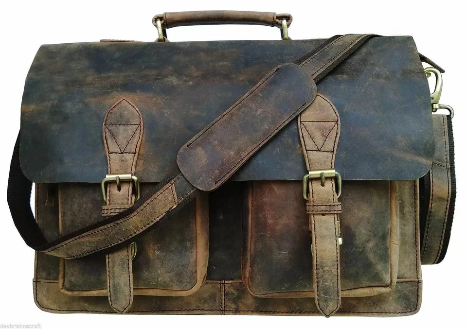 NEW Men’s Buffalo Leather Messenger Satchel Brown Briefcase Laptop Shoulder Bag