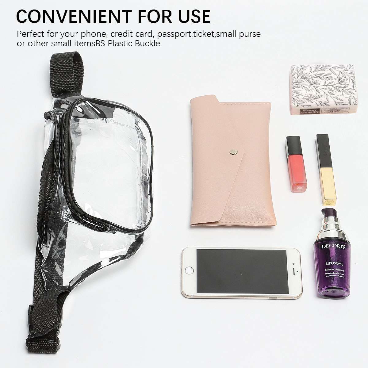 Clear Zip Waist Bag Transparent Stadium Shoulder Crossbody Adjustable Sling Bag