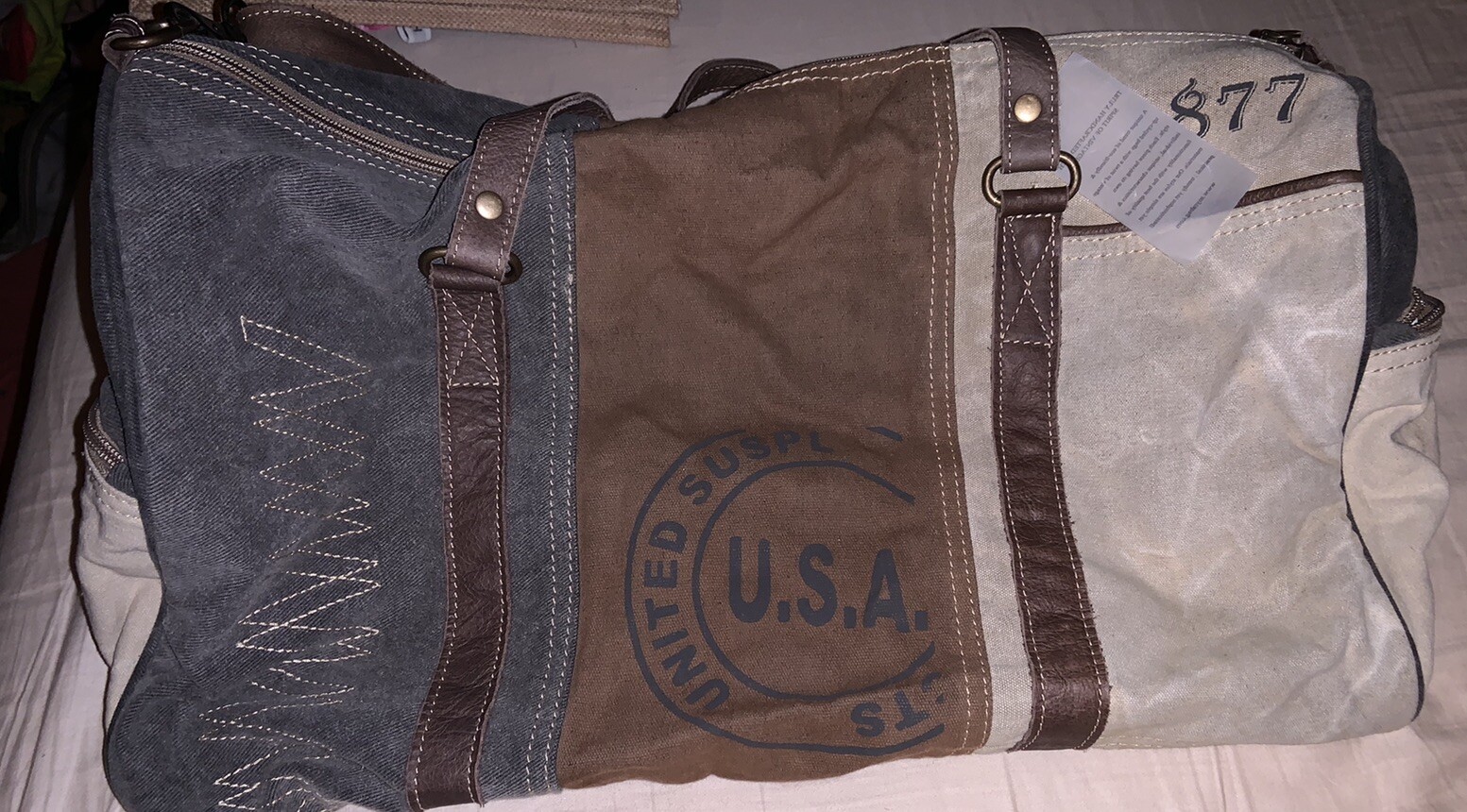 Neutral Tri Color CANVAS Duffle BAG Weekend Overnight Bag Myra NEW!!