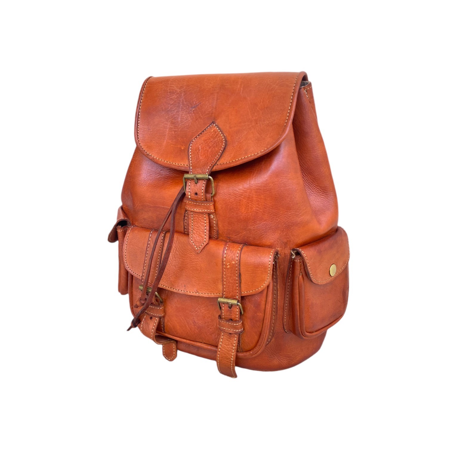 Cognac Leather Backpack Handmade Morocco 2 Pockets Genuine Leather Bag