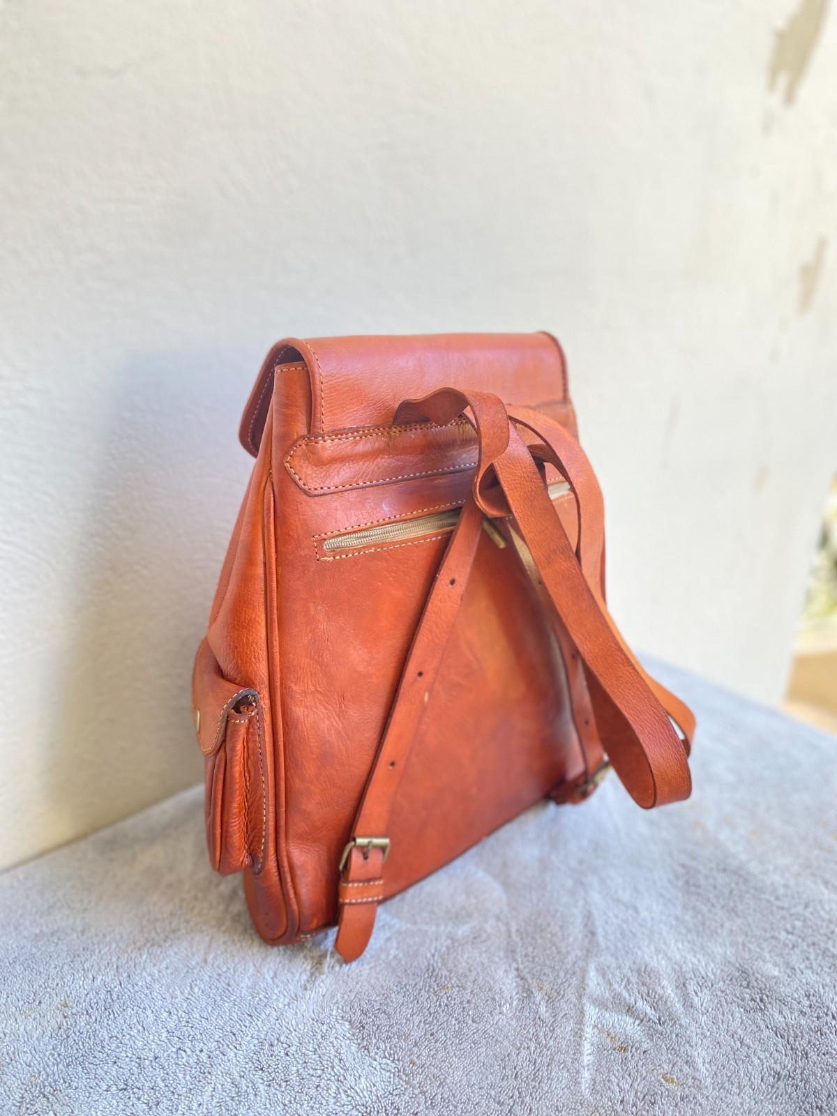Cognac Leather Backpack Handmade Morocco 2 Pockets Genuine Leather Bag