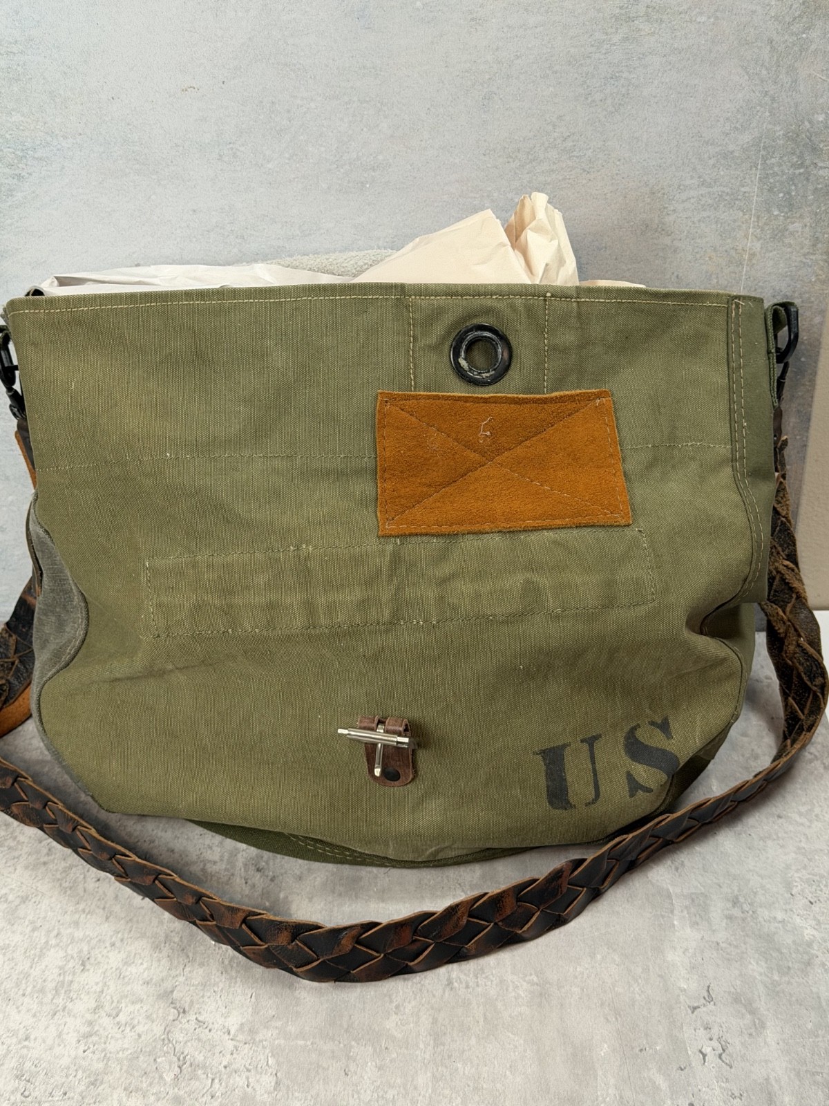 Vintage Army Military Newspaper Bag Upcycled Leather Hide Canvas 17×13 OOAK