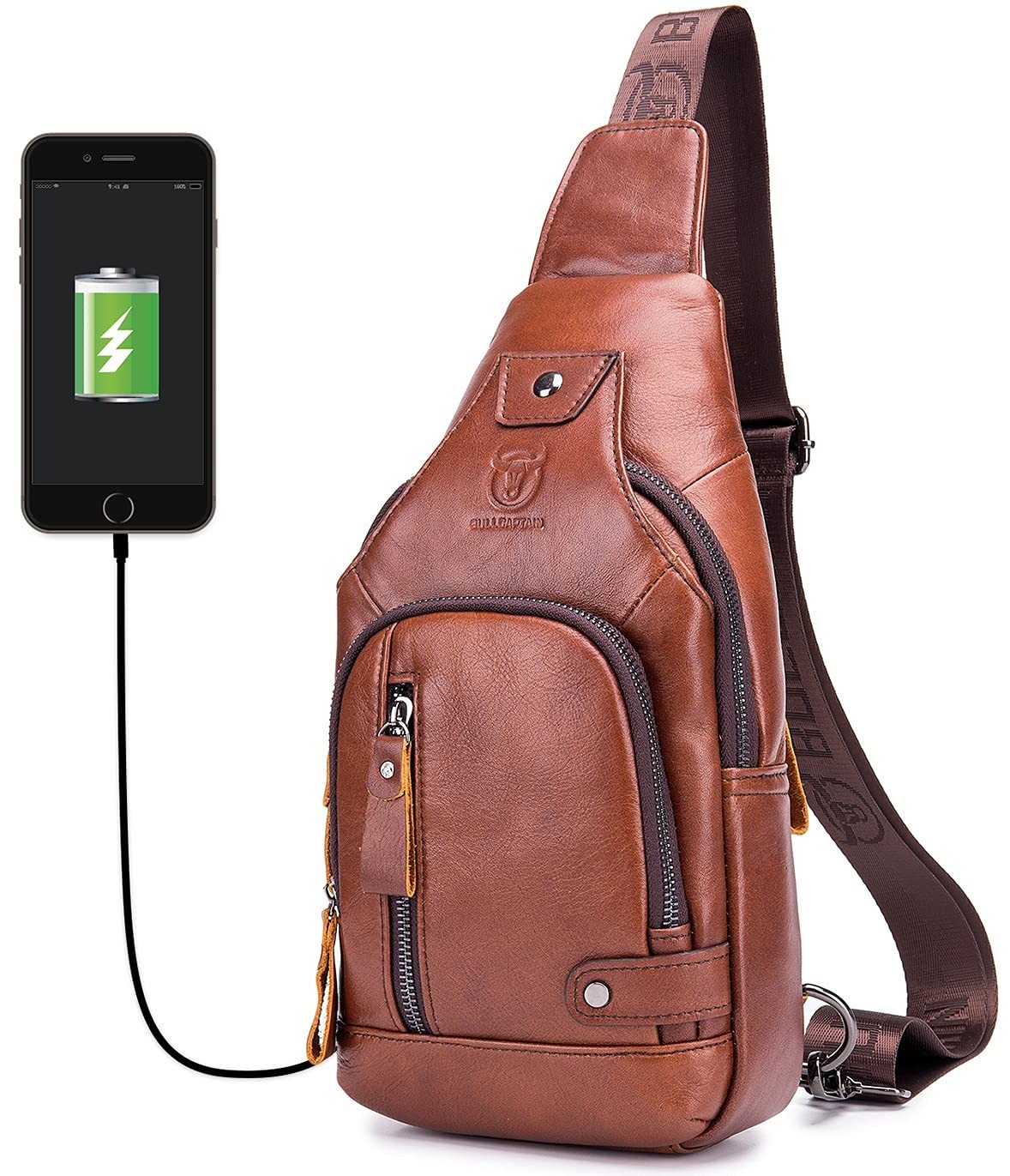 Men Crossbody Bag with USB Charging Port Genuine Leather Shoulder Sling Chest…