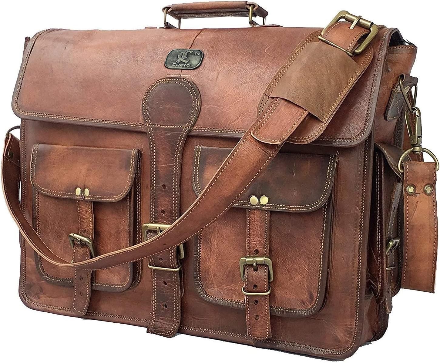 Handmade Leather Messenger Bag, 18 Inch Laptop Satchel, Vintage Brown adjustable