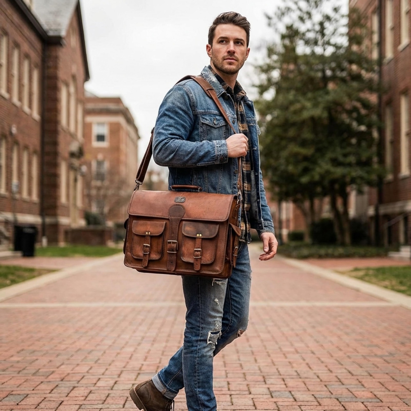 Handmade Leather Messenger Bag, 18 Inch Laptop Satchel, Vintage Brown adjustable