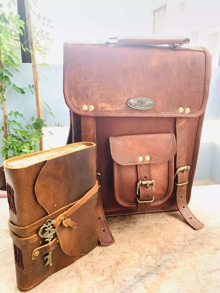 16″ Leather Messenger Handmade Genuine Shoulder Satchel Bag Free Key Journal