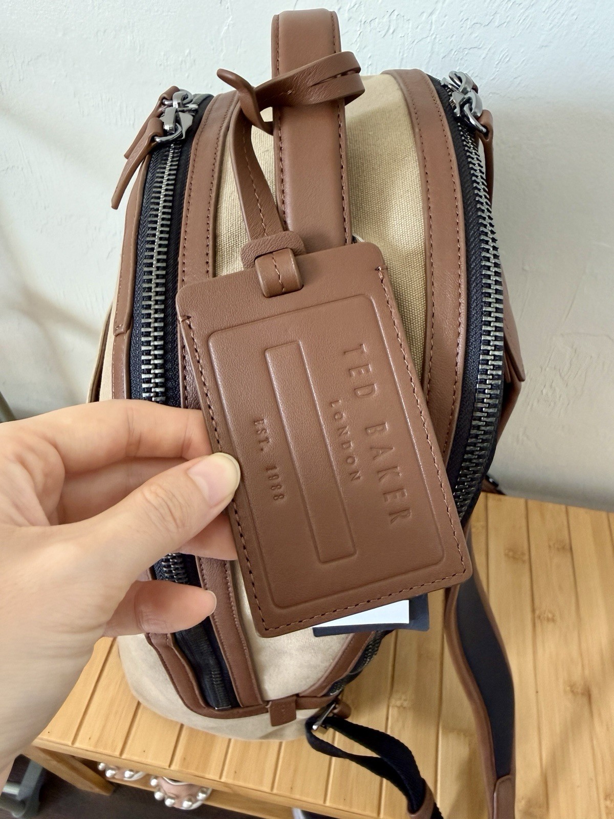 New Ted Baker Men’s Xaden Nylon & Leather Trim Double Zipper Backpack NWT Khaki