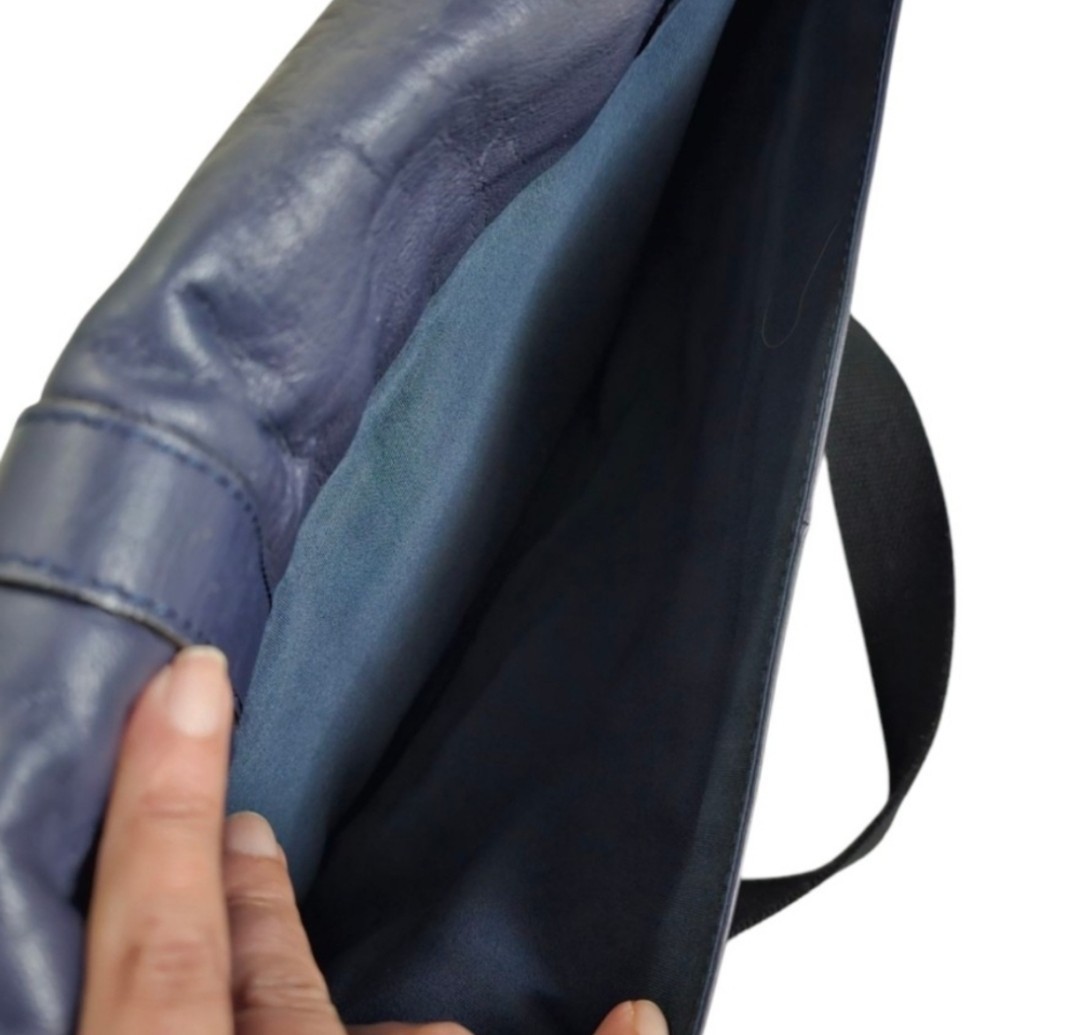 Cole Haan Blue Smooth Leather Buckle Detail Minimalist Laptop Messenger Bag