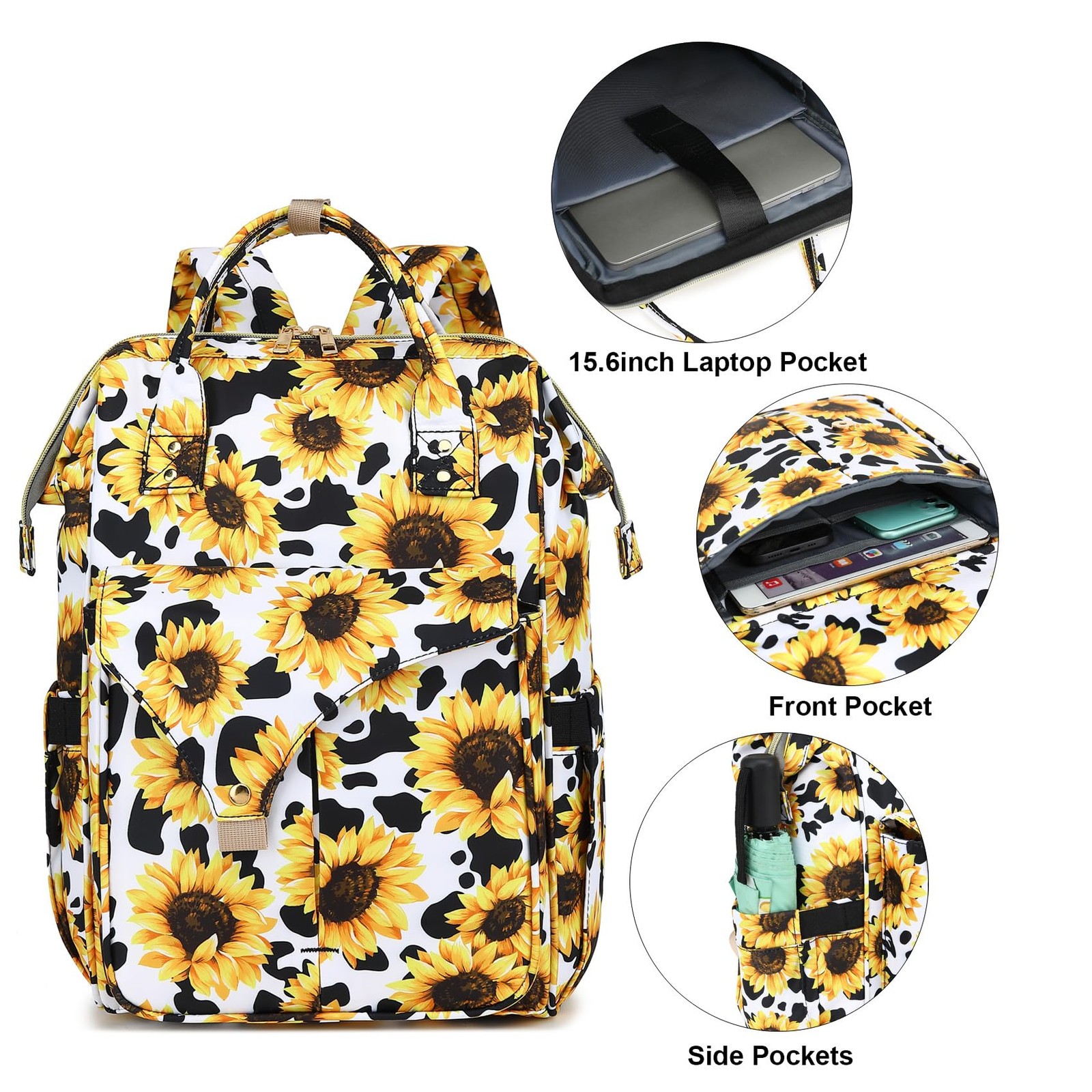 Sunflower Cow Print Laptop Backpack College School Nurse Bags 15.6 Inch