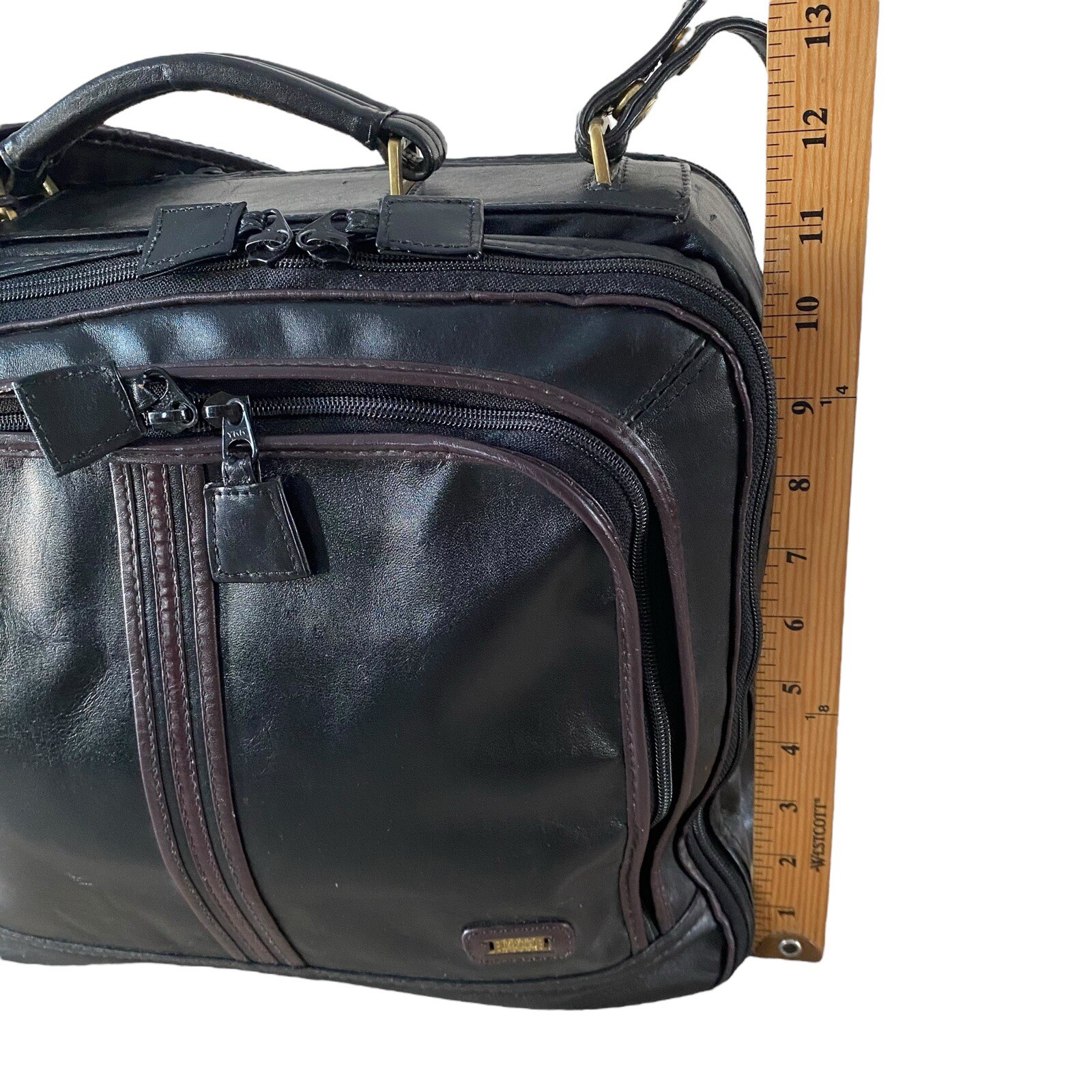 Land VTG Leather Bag Black Travel Business Carry On Shoulder Strap Zip Around