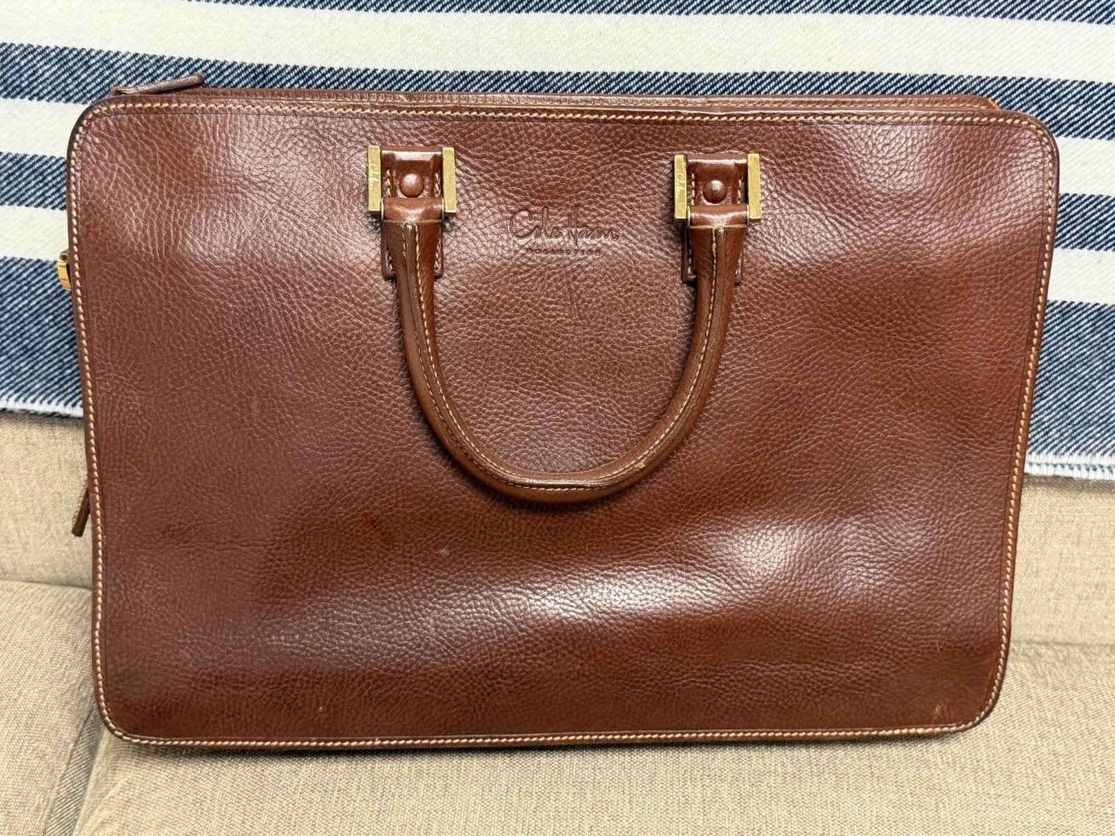 Cole Haan Leather Briefcase Brown Pebble Shoulder Bag Extremely High Quality