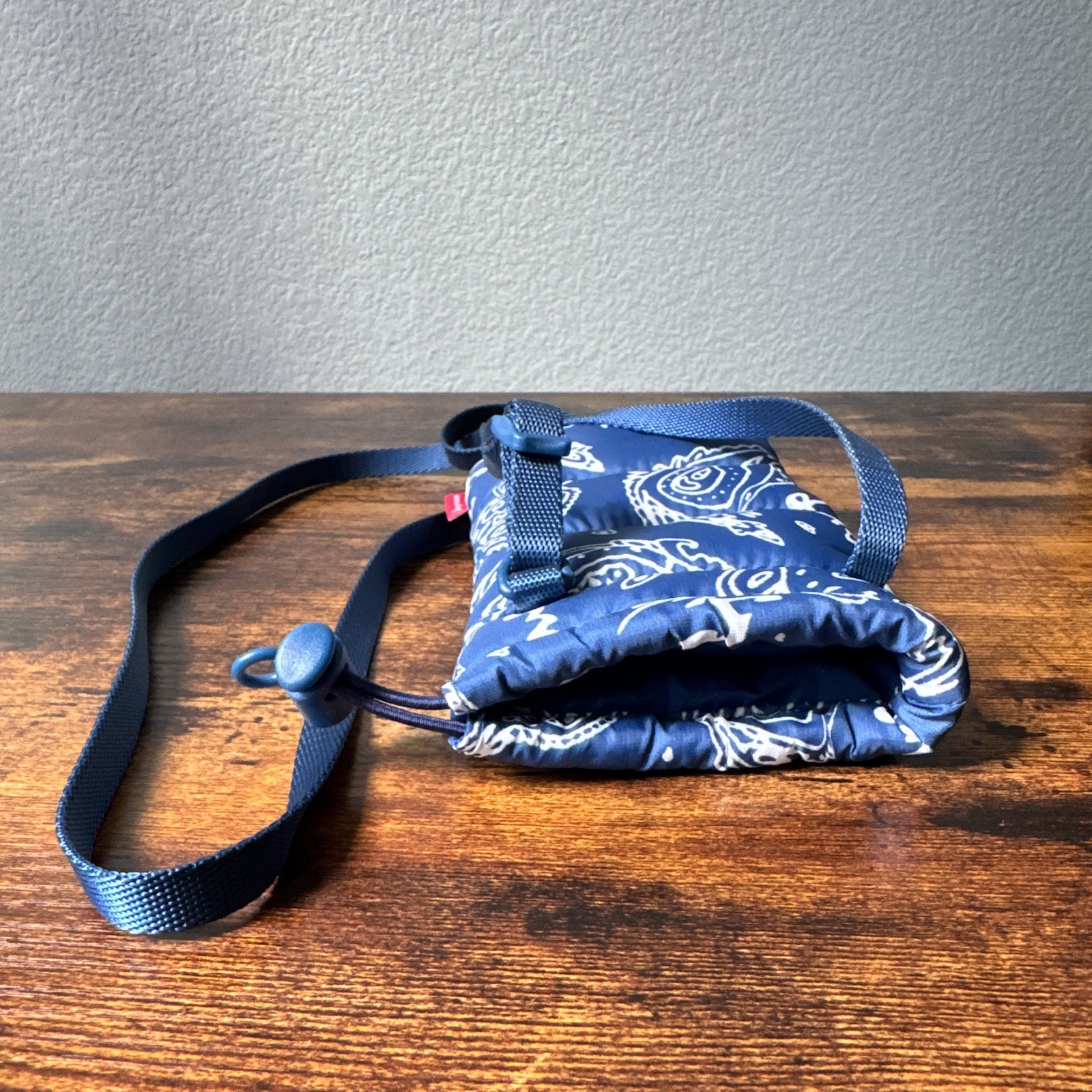 Supreme Blue/White Paisley Small Drawstring Crossbody Pouch, Adjustable Strap