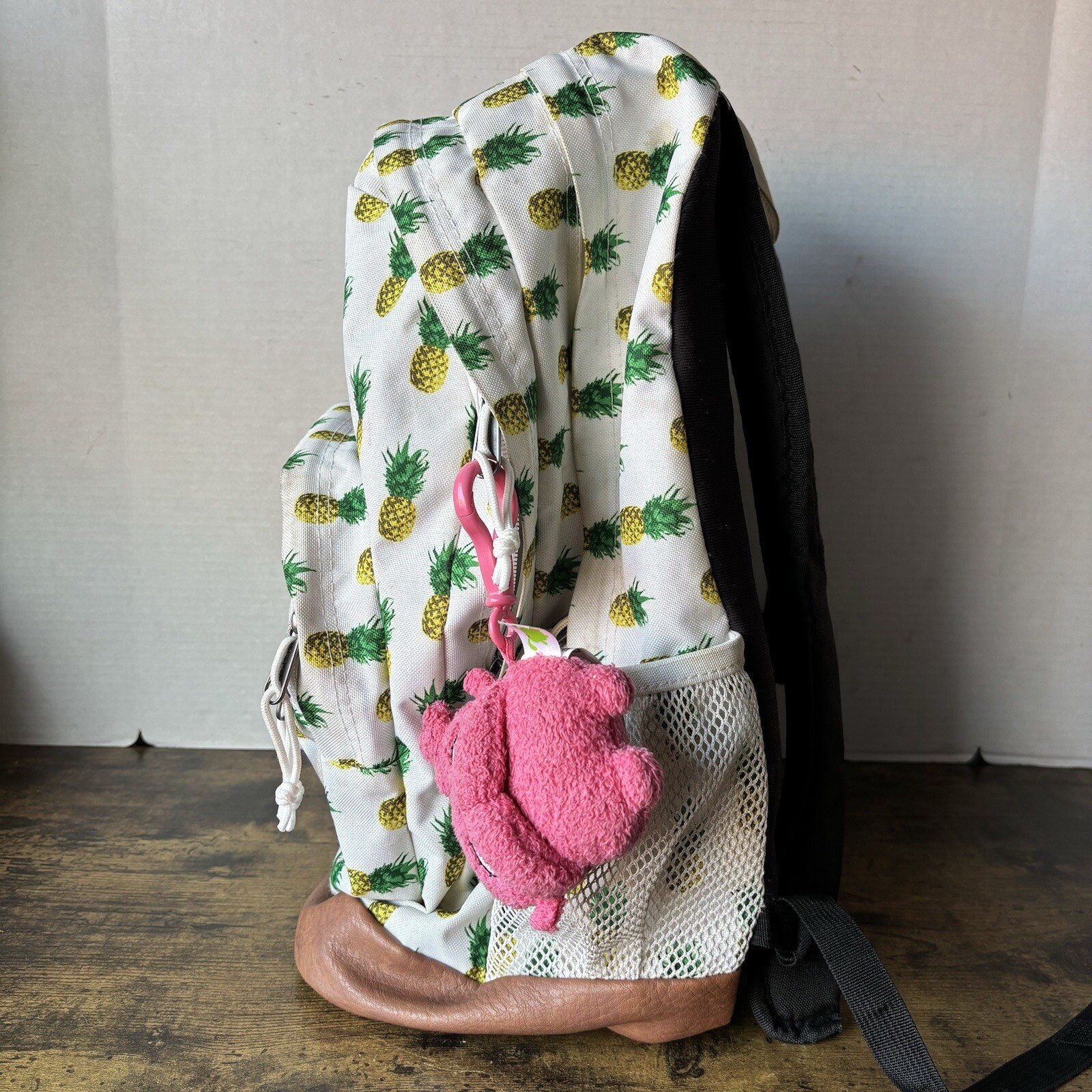 Trans By Jansport Backpack Large Yellow Pineapple Brown Leather Bottom 4 Zippers