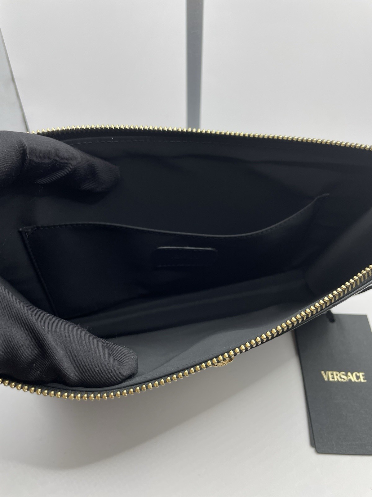 Versace Pouch Embrossing Calf Leather Navy Blue $900 Retail