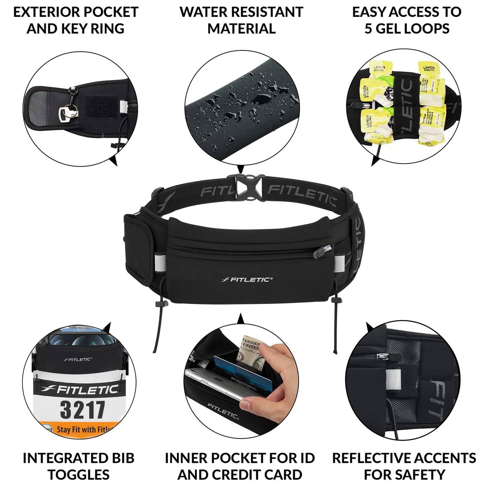 Fitletic Running Belt with Side Pocket, Loops for Energy Gels, Race Bib Number