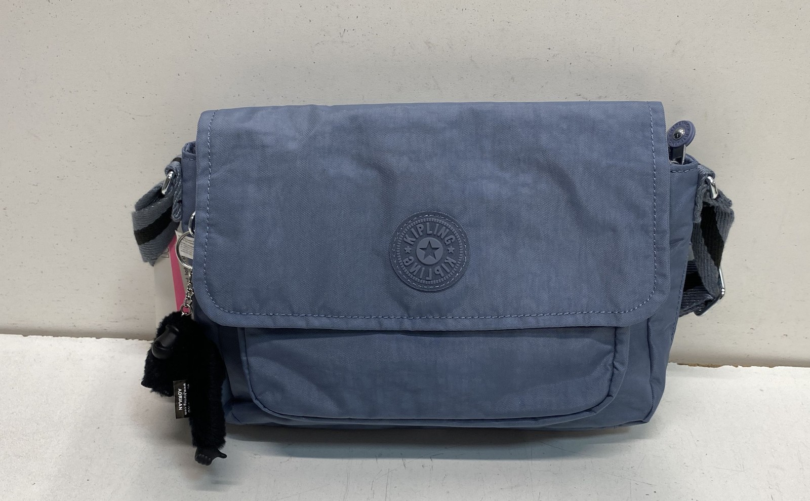 Kipling Blue Recycled Fabric Flap Messenger Crossbody Bag Monkey Keychain NWT