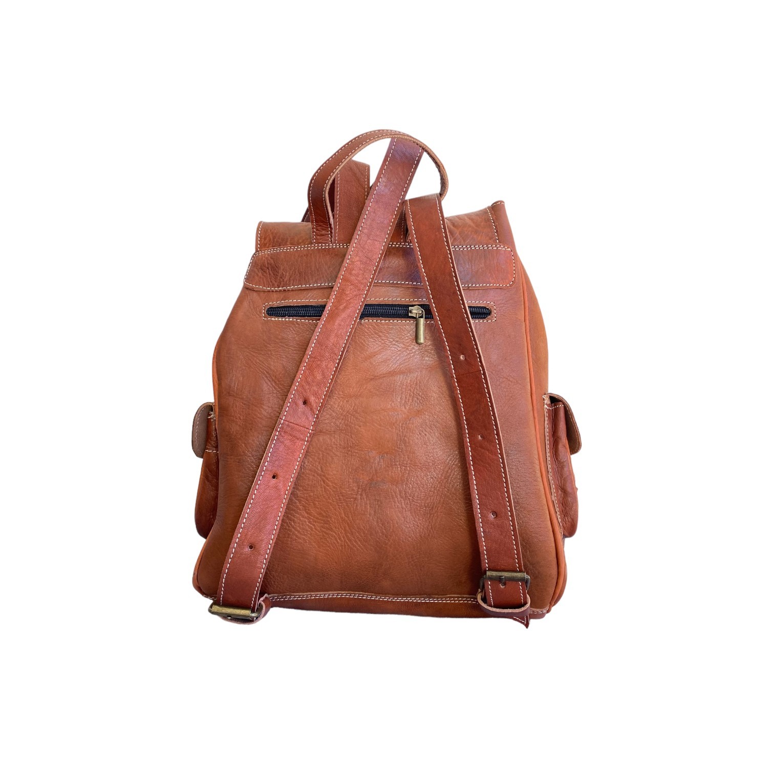 Cognac Leather Backpack Handmade Morocco Belt Buckle Front Back Pocket