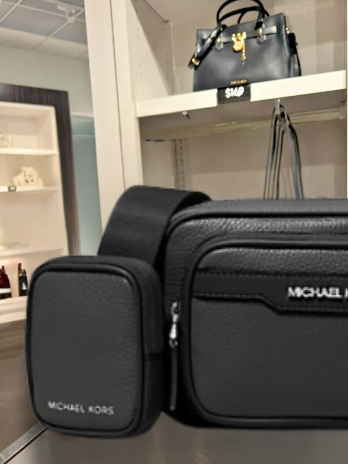 Michael Kors Cooper Men Pebbled Leather Crossbody Camera Bag with Pouch Black