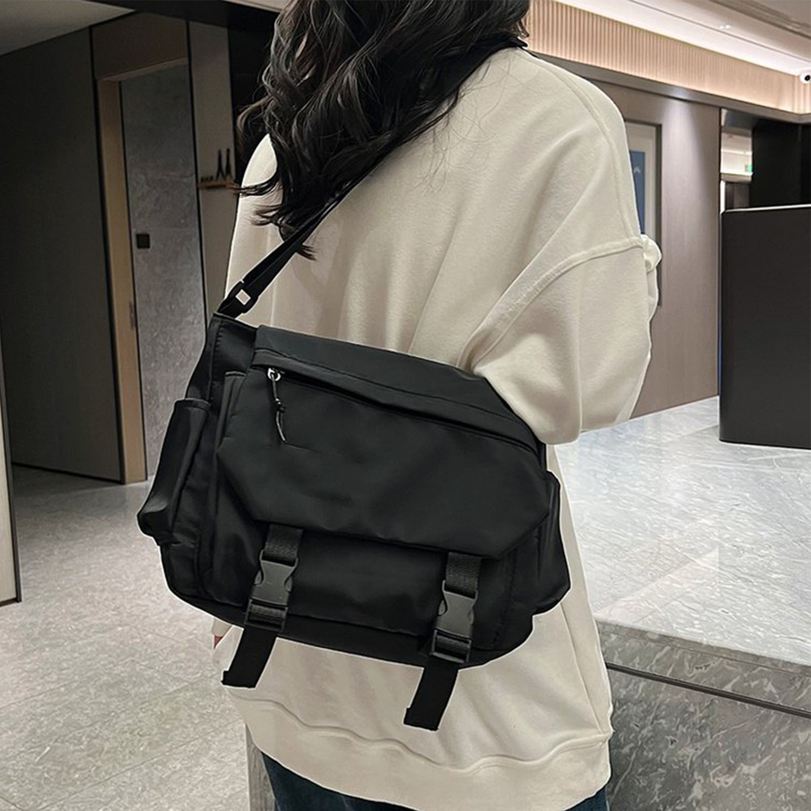 Casual Shoulder Bag Flap Over Messenger Bag Black For Men Women For School