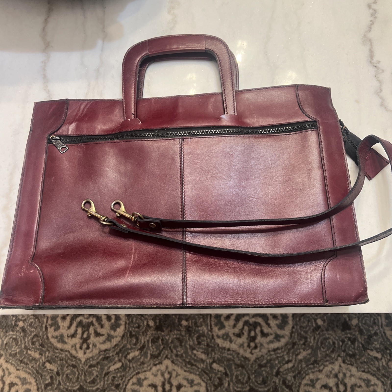 Vintage Genuine Leather Made In Uruguay Maroon Briefcase With Strap