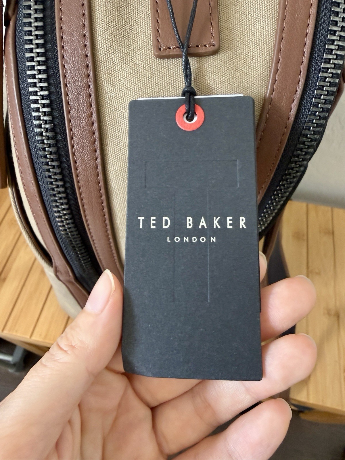 New Ted Baker Men’s Xaden Nylon & Leather Trim Double Zipper Backpack NWT Khaki