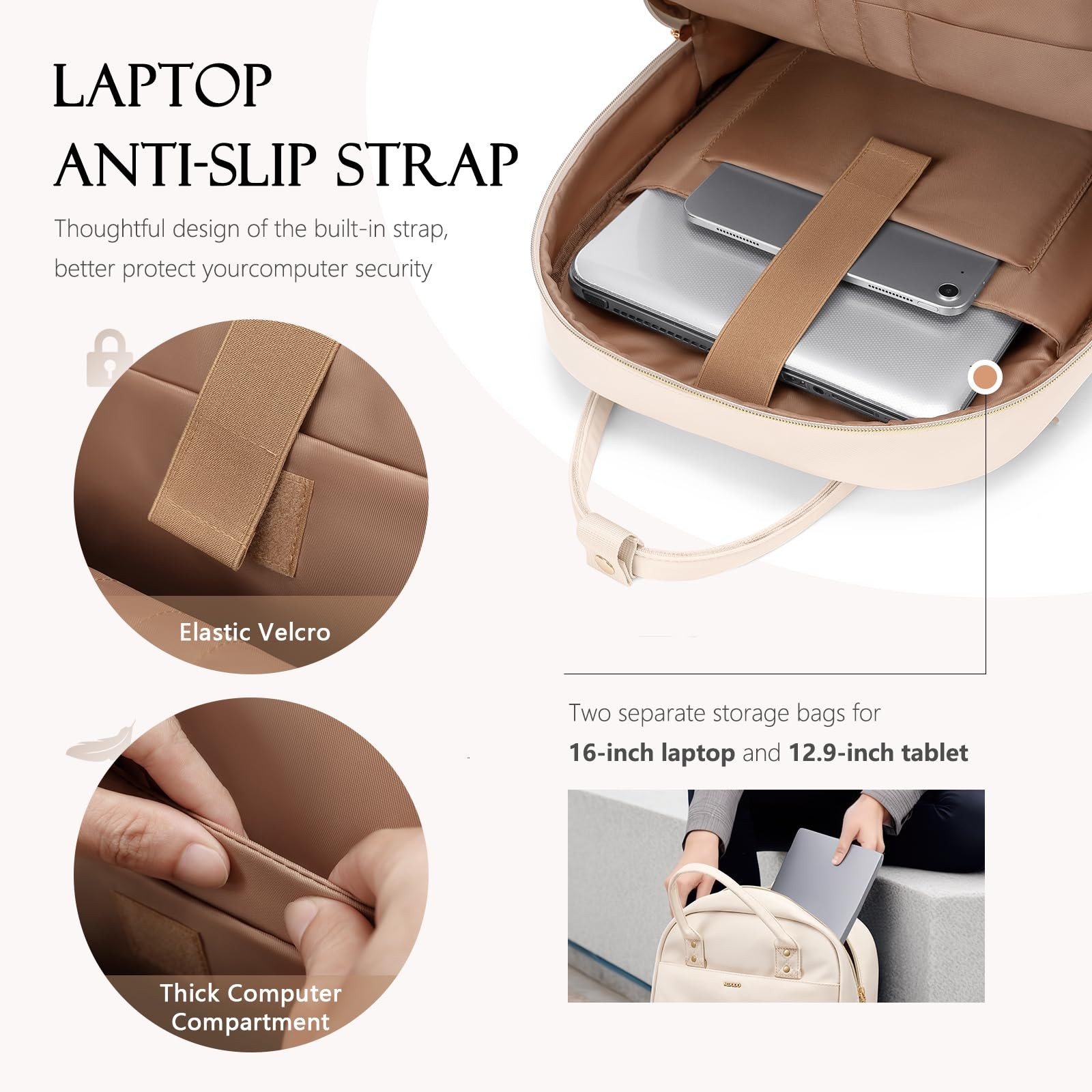 Laptop Backpack Women 16 Inch Teacher Compartment Waterproof Carry On Beige