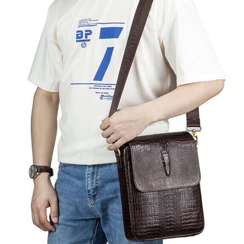 Top Cowhide Leather Men’s Crocodile Pattern Crossbody Shoulder Bag Messenger Bag