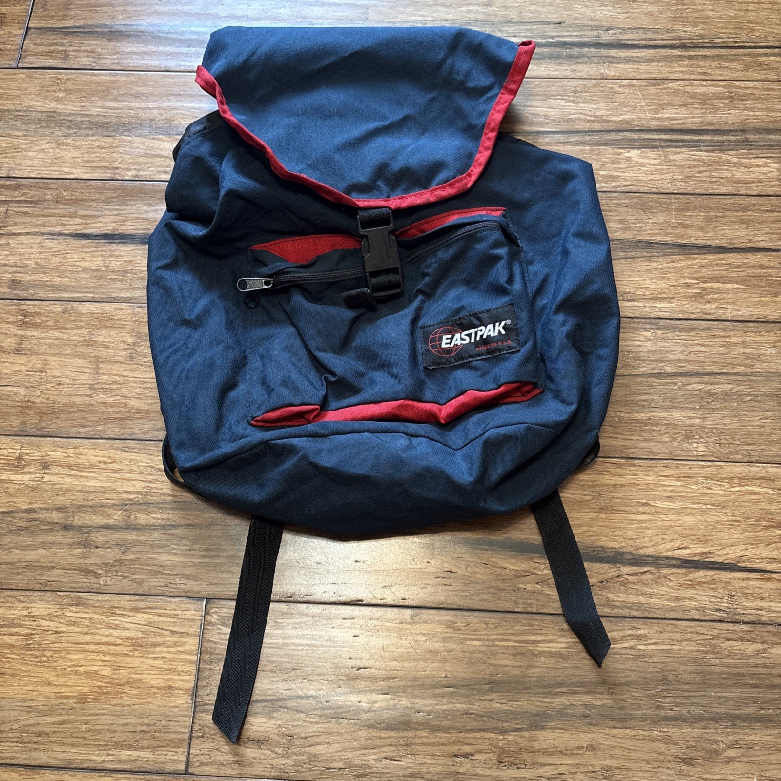 Vintage Eastpak 1990’s Made In USA Backpack w/ Top Flap Blue Red Trim 90s Retro