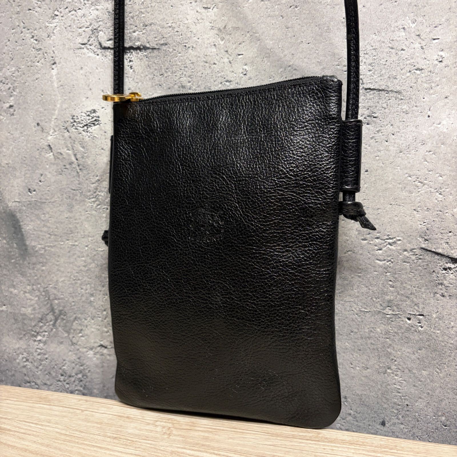 IL BISONTE Leather Mini Shoulder Bag Black Genuine Sacoche Pochette 18×13cm