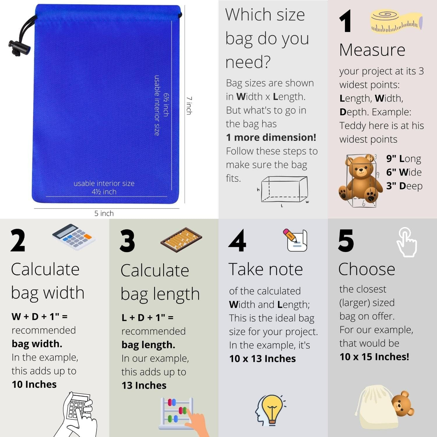 Drawstring Pouch (5 x 7 Inch – 12 Pack – Blue) Small Nylon Cinch Bag with Toggle