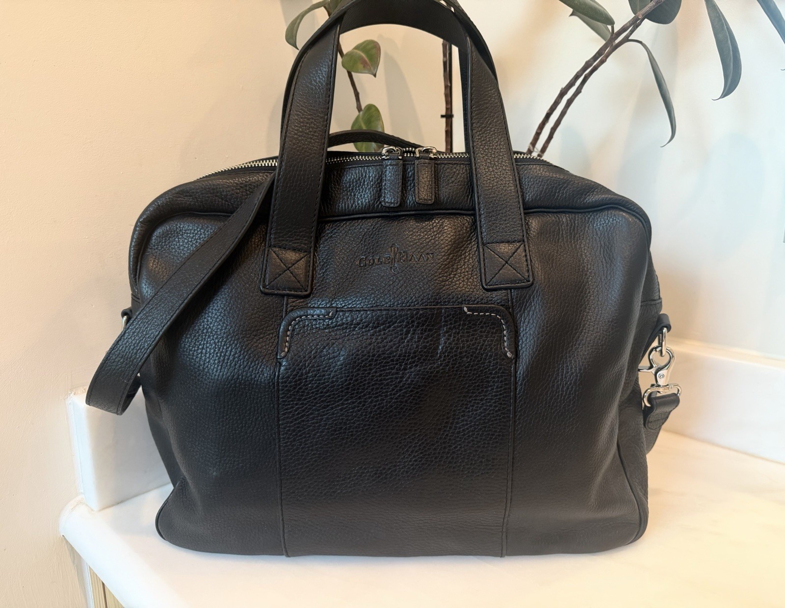 Cole Haan Black Leather Briefcase Workbag With Detachable Shoulder Strap