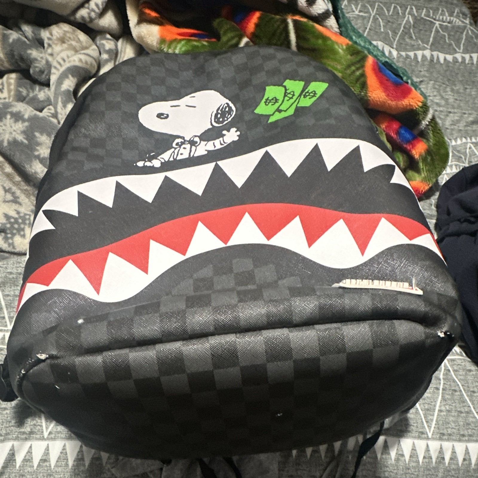 Sprayground Peanuts Snoopy Shark Backpack Black Checkered Red Interior